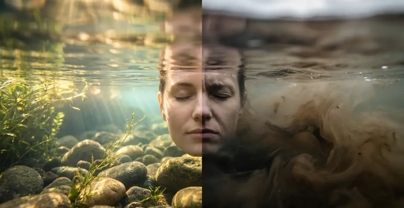 Agua cristalina y turbia reflejando un rostro dividido entre luz y sombra