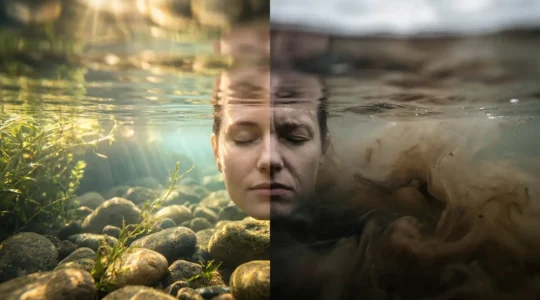Agua cristalina y turbia reflejando un rostro dividido entre luz y sombra