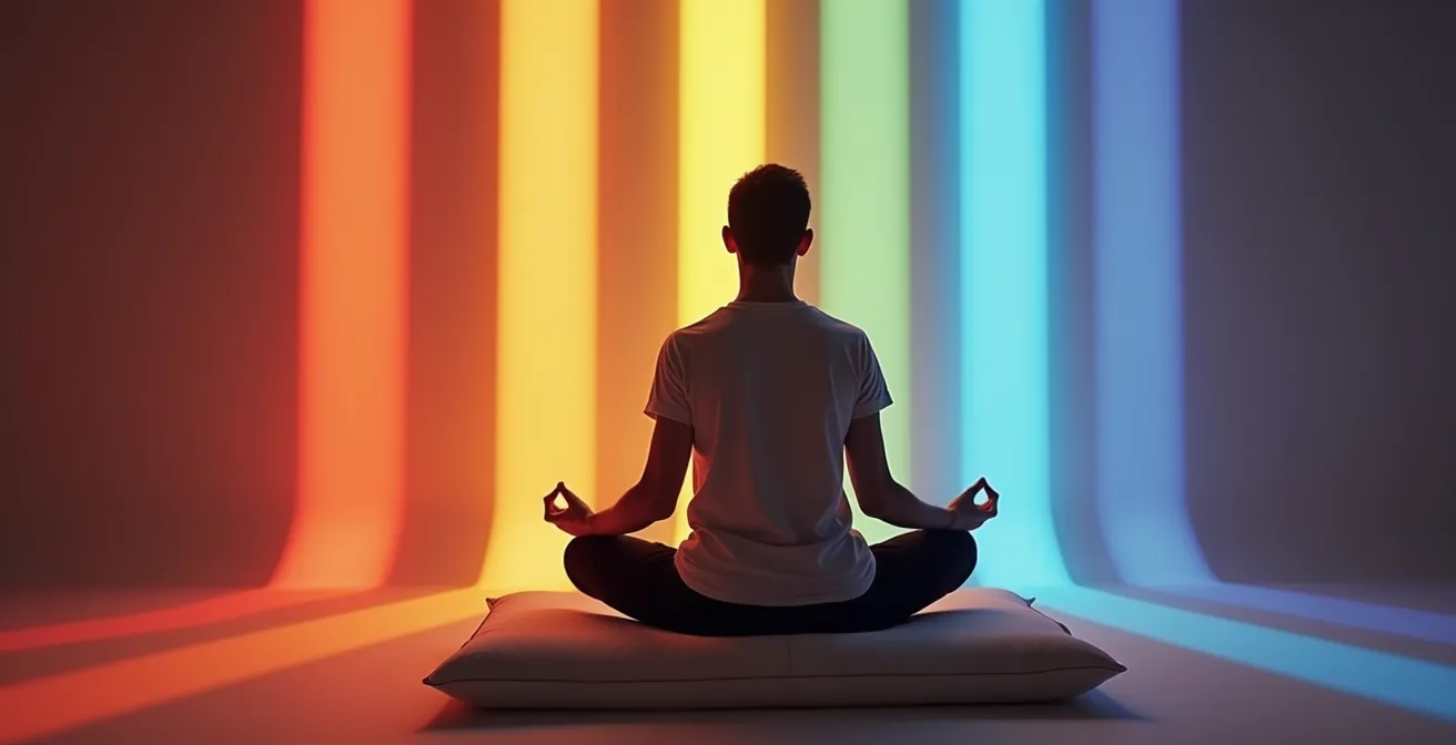 Persona sentada en posición de meditación con columnas de luz de colores representando los chakras