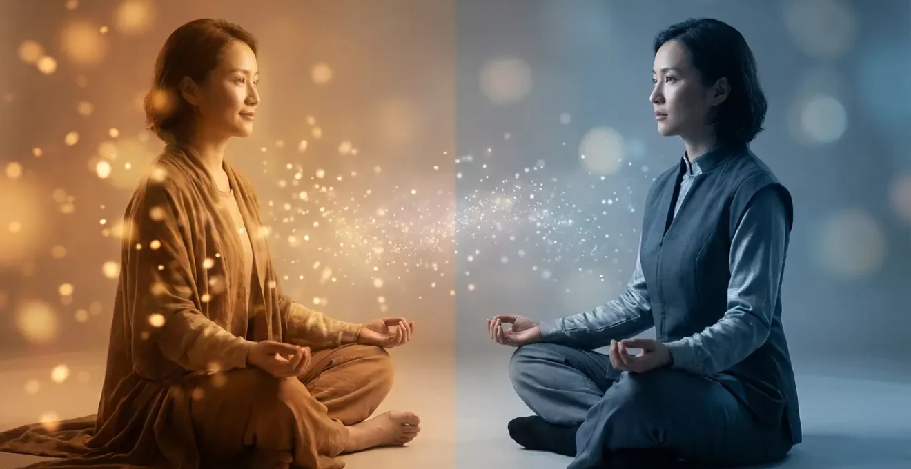 Dos siluetas humanas en meditación con auras de diferentes colores representando alma y ego