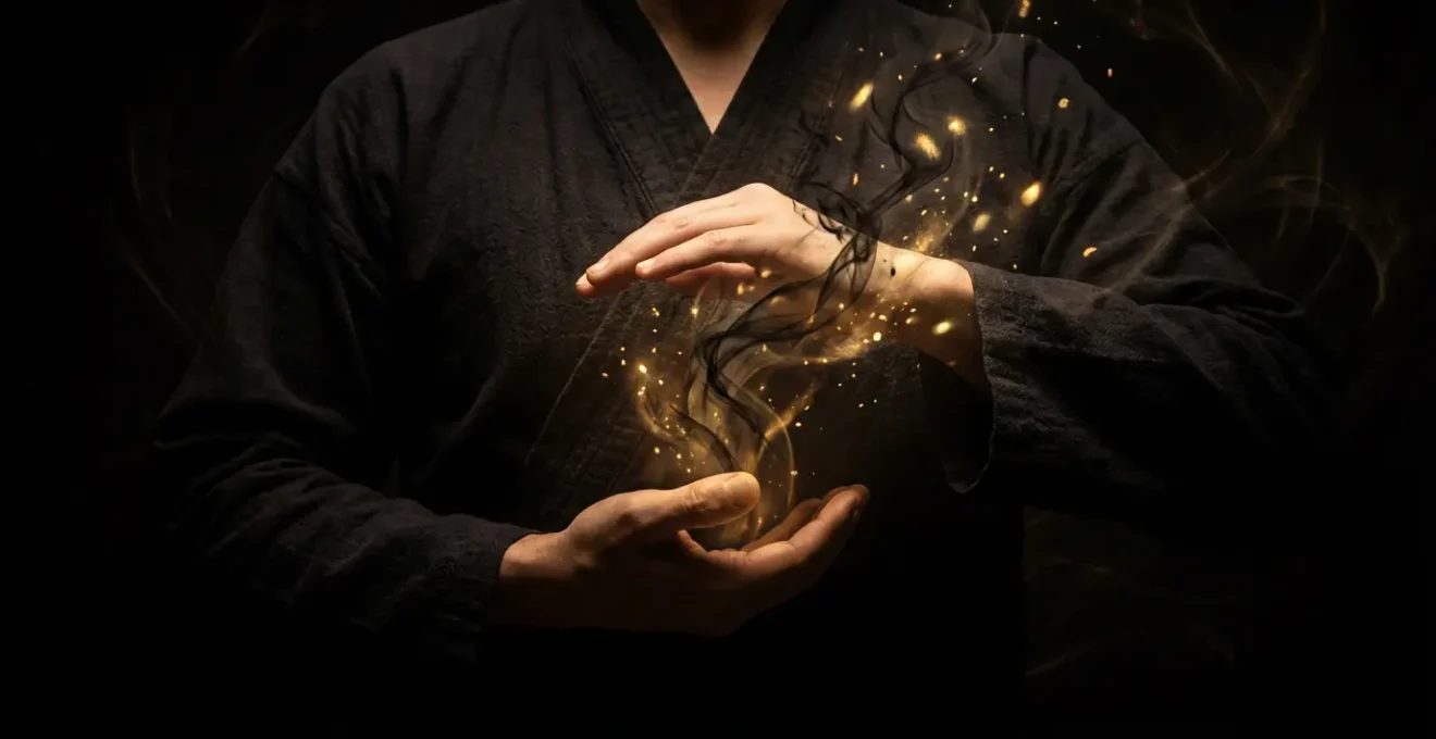 Figura humana transformando energía oscura en luz dorada mediante respiración consciente