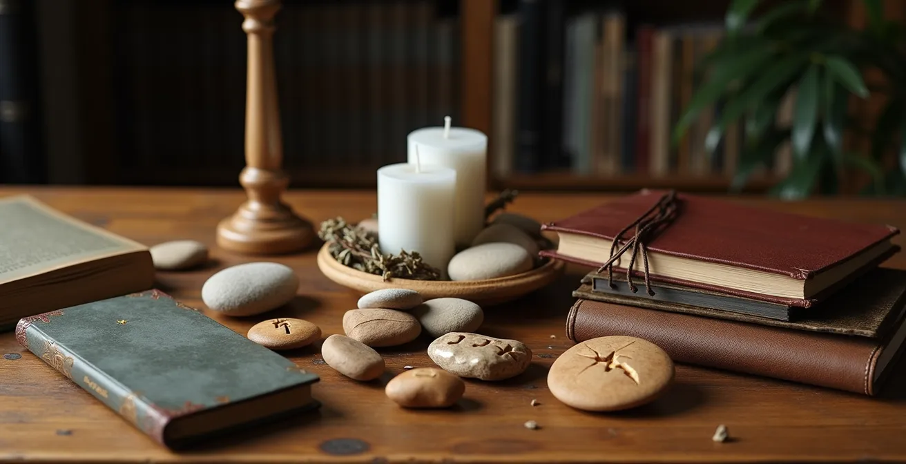 Mesa de madera con objetos rituales de diferentes culturas dispuestos respetuosamente