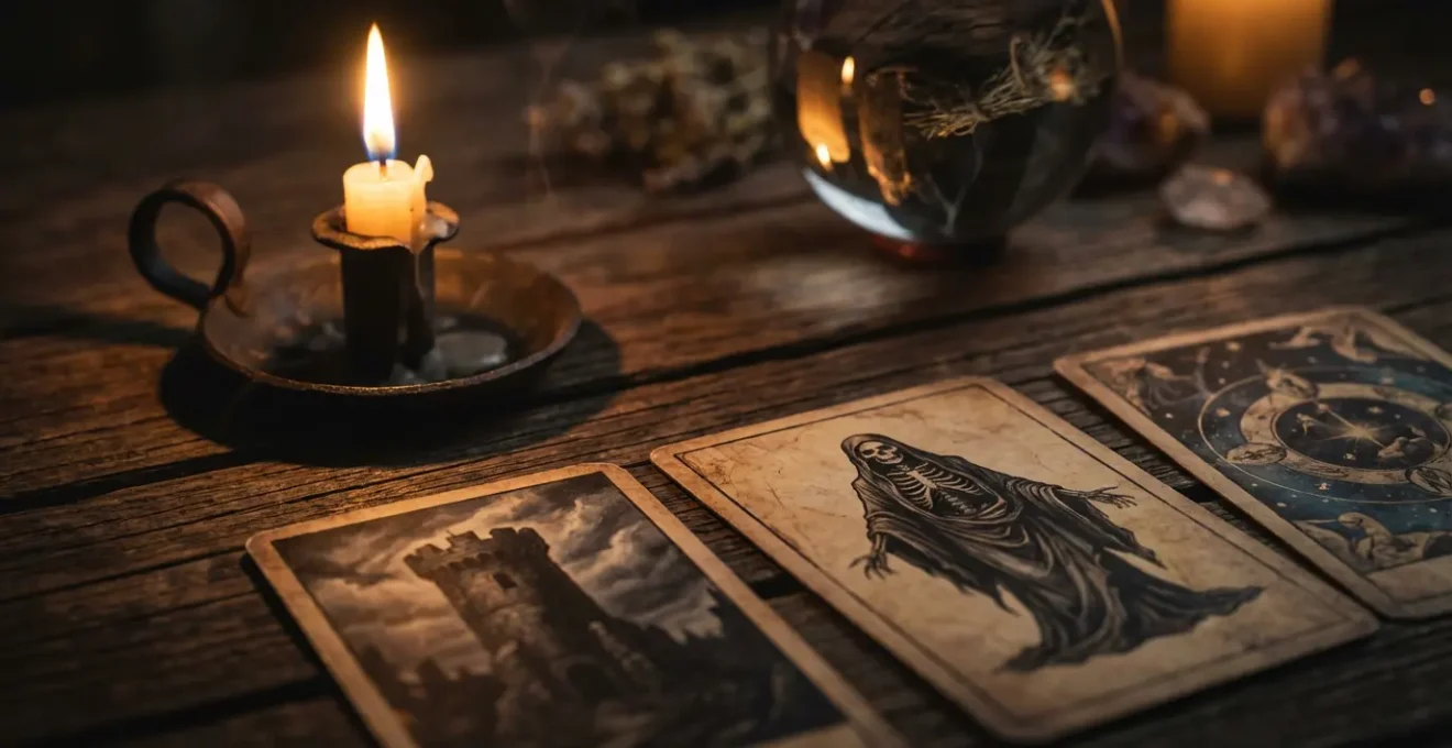 Los Arcanos Mayores del tarot prediciendo cambios de vida irreversibles en un momento de revelación espiritual