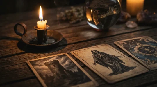 Los Arcanos Mayores del tarot prediciendo cambios de vida irreversibles en un momento de revelación espiritual