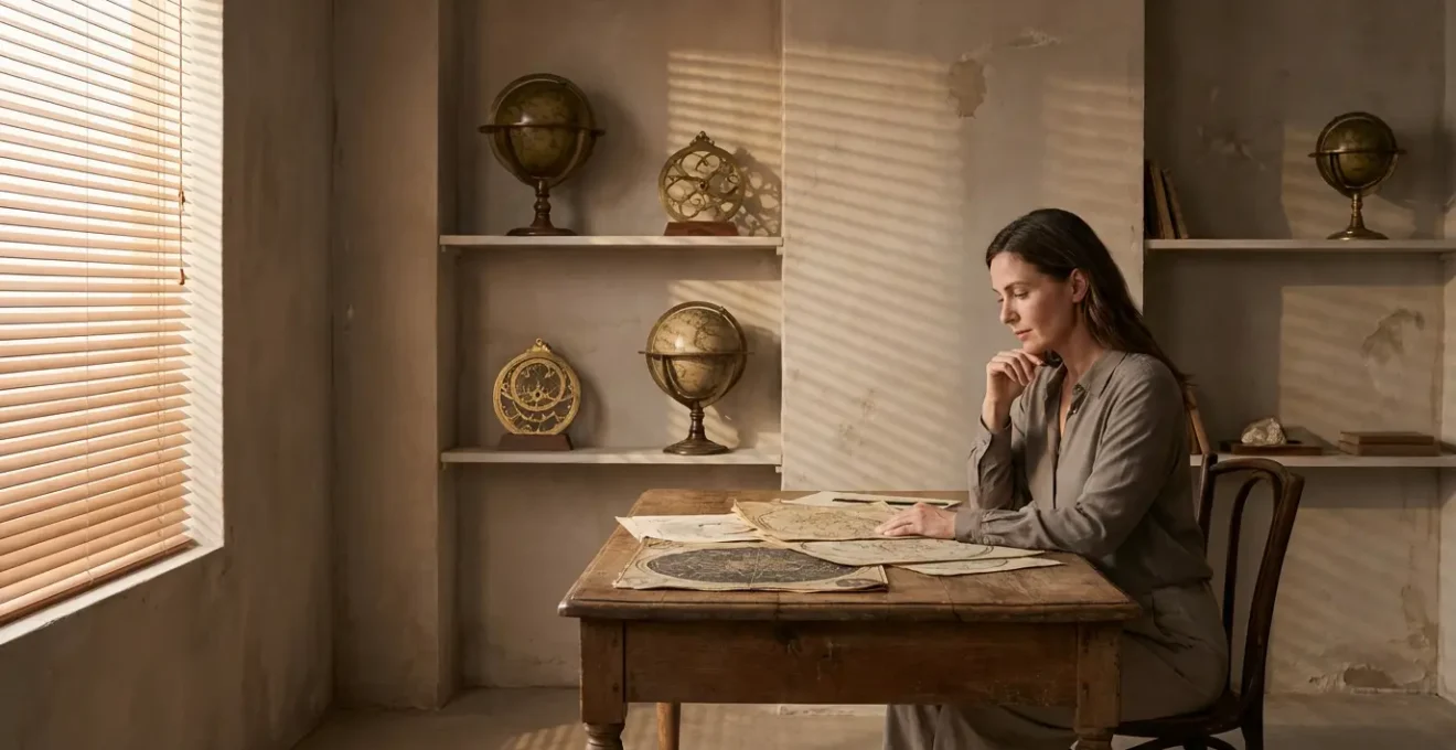 Astrólogo profesional examinando carta horaria con objetos simbólicos en mesa de trabajo