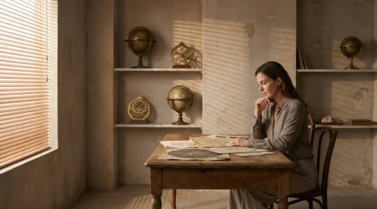 Astrólogo profesional examinando carta horaria con objetos simbólicos en mesa de trabajo