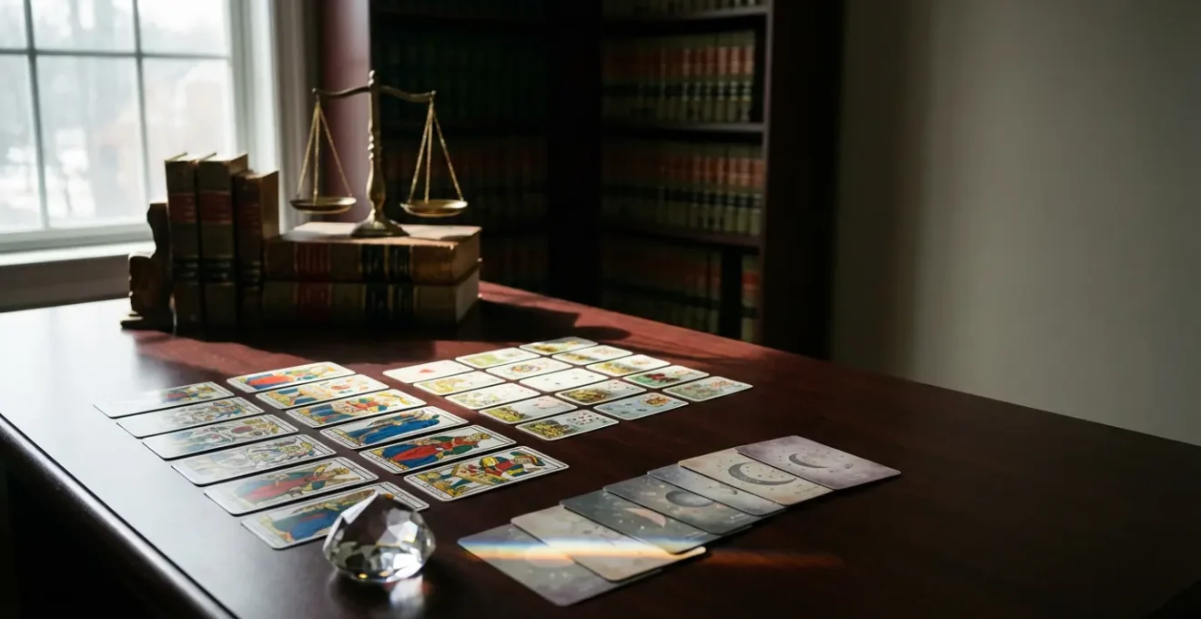 Barajas de cartas desplegadas sobre mesa de madera con símbolos de justicia en ambiente profesional