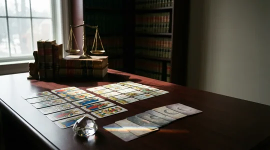 Barajas de cartas desplegadas sobre mesa de madera con símbolos de justicia en ambiente profesional