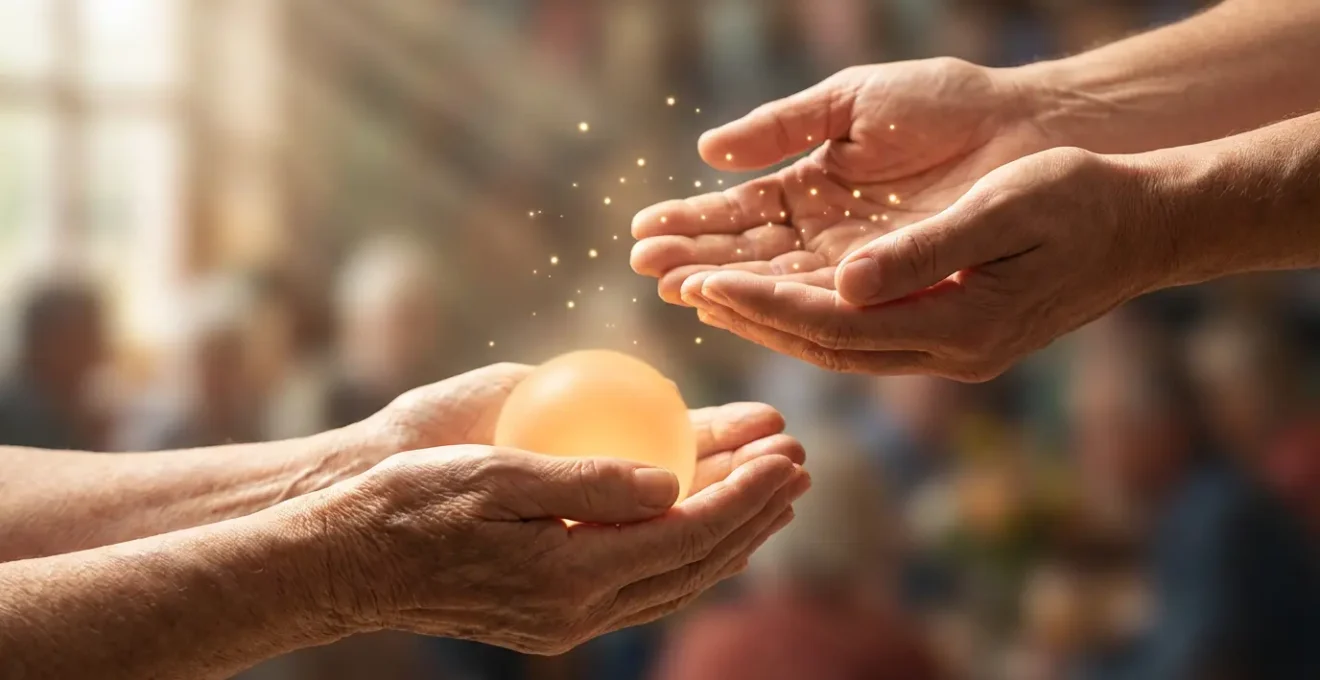 Dos manos entrelazadas formando un corazón con luz dorada emanando, representando los caminos 6 y 9