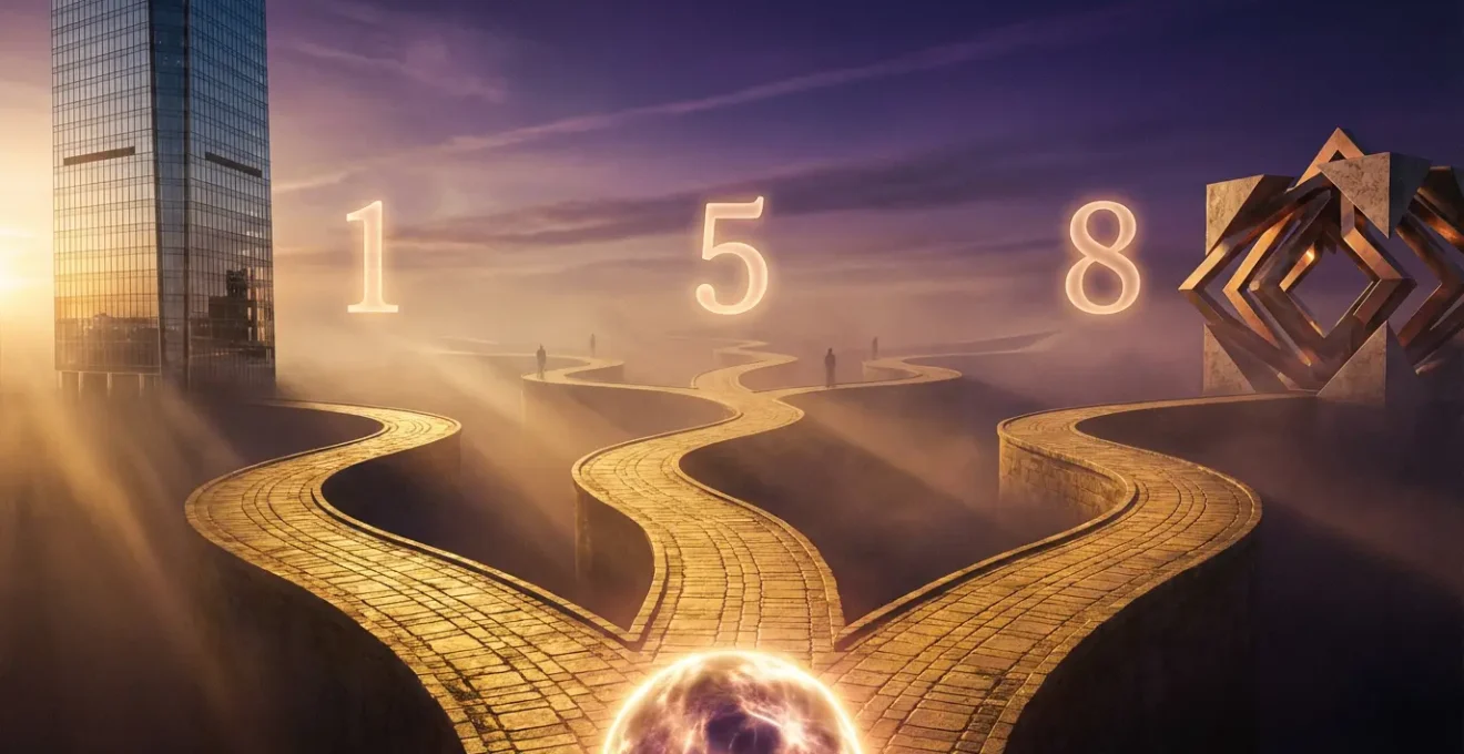 Caminos entrelazados con números luminosos representando diferentes trayectorias profesionales según la numerología