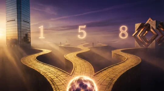 Caminos entrelazados con números luminosos representando diferentes trayectorias profesionales según la numerología