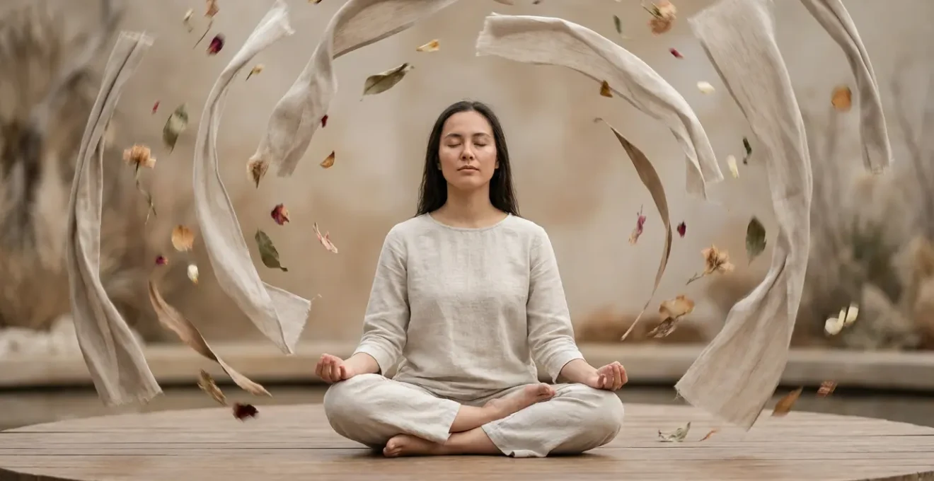 Figura meditando en el centro de un remolino de elementos caóticos