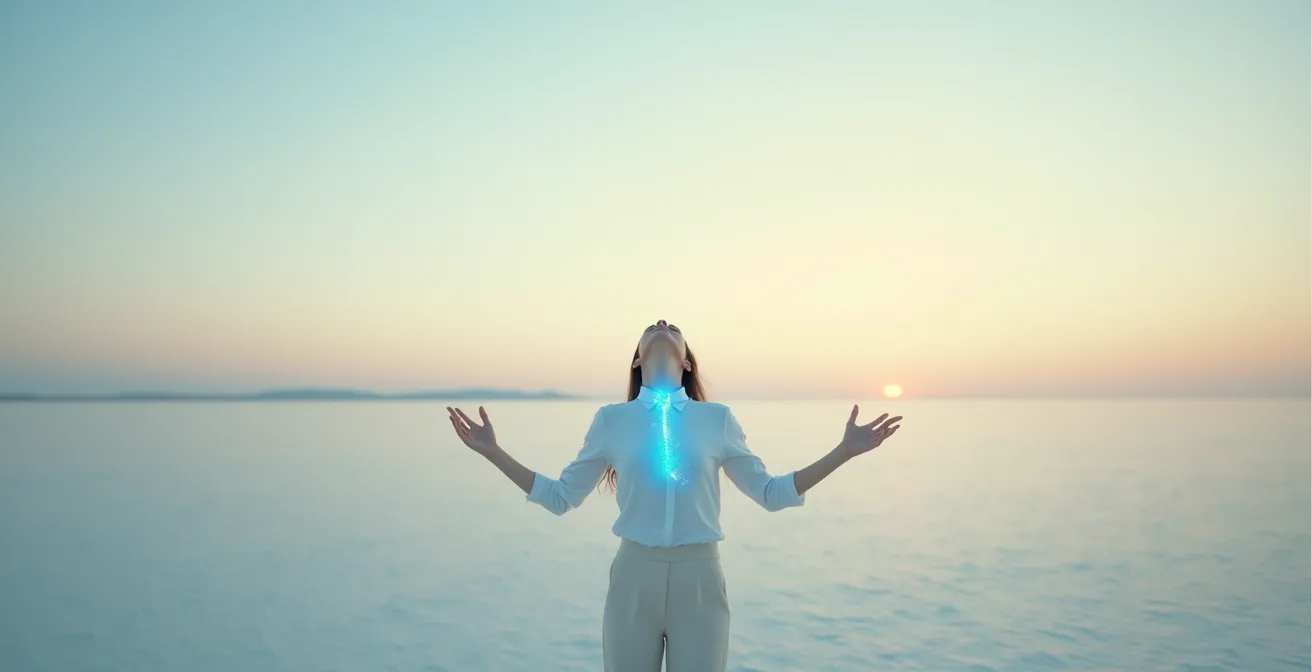 Primer plano de cuello femenino con luz azul turquesa emanando de la garganta en meditación
