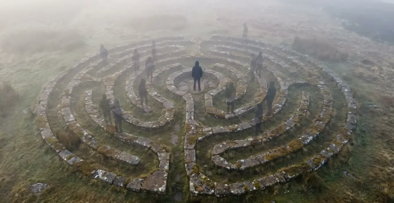 Persona observando múltiples versiones de sí misma en un ciclo circular repetitivo