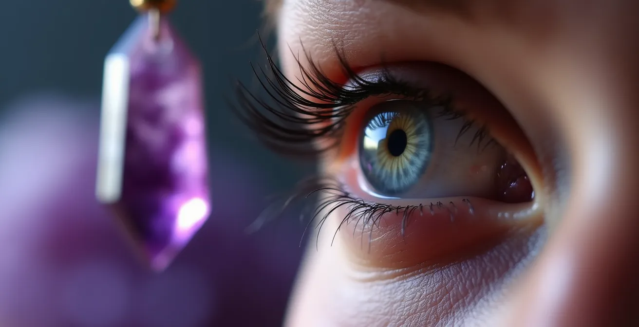 Primer plano macro de un ojo cerrado con péndulo de amatista desenfocado