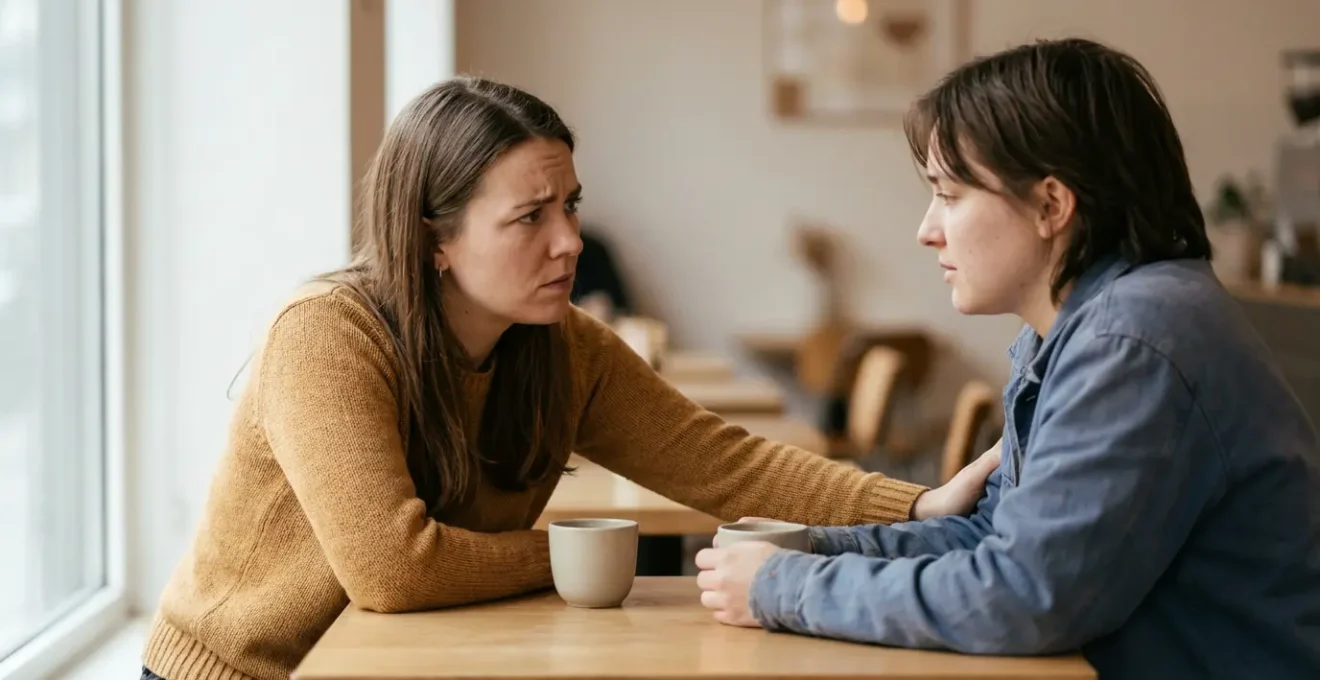 Dos amigos conversando en un café con expresiones de cuidado y comprensión mutua