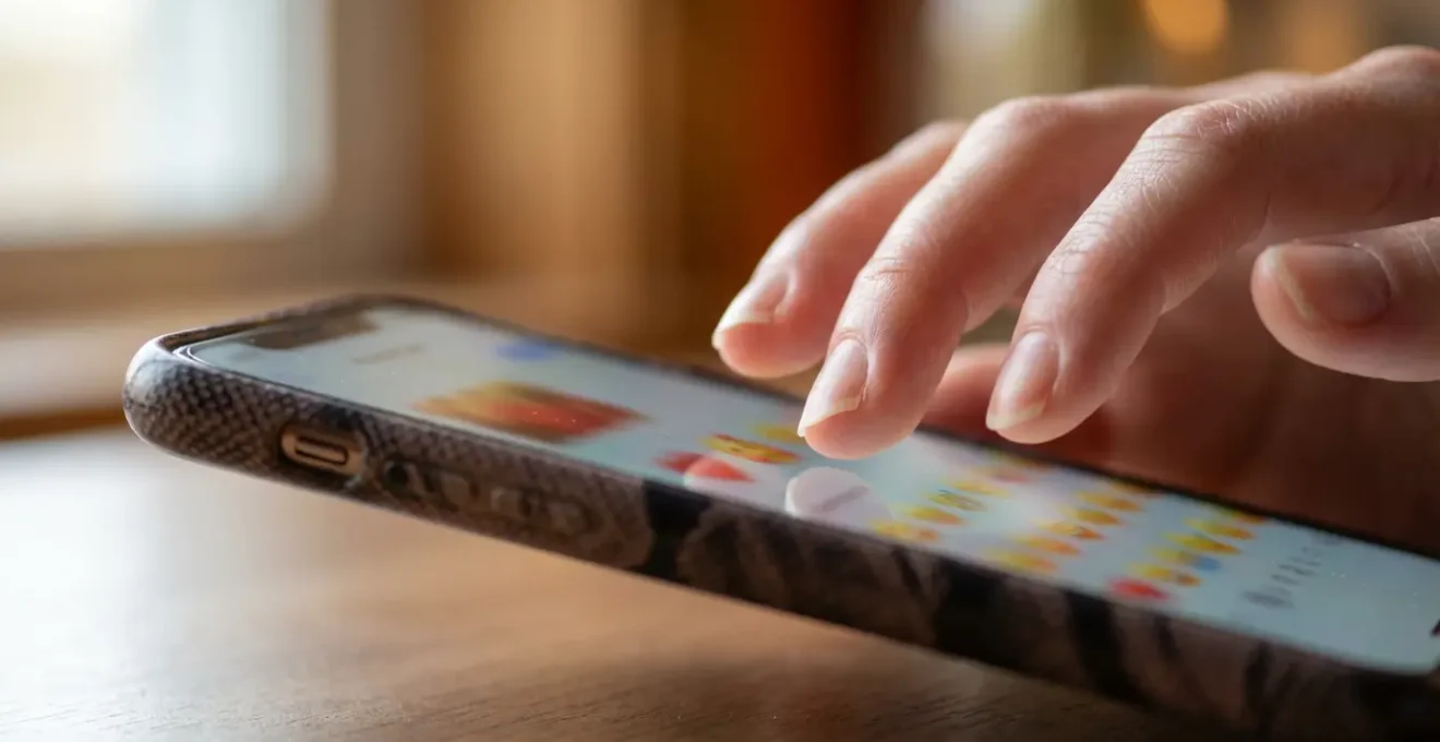 Manos escribiendo en un smartphone un mensaje emotivo con emojis sutiles, simbolizando la conexión emocional por chat en una consulta de videncia.