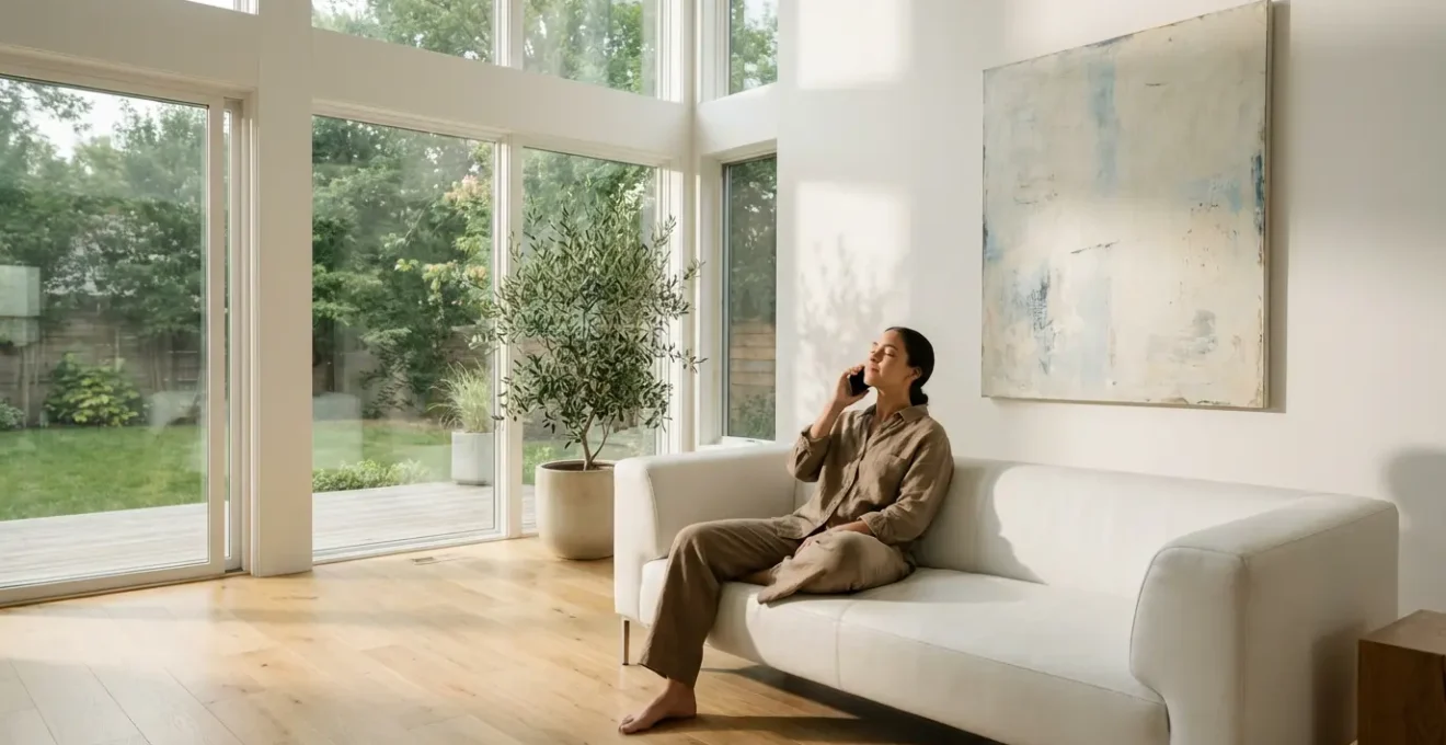 Persona hablando por teléfono con expresión de alivio emocional