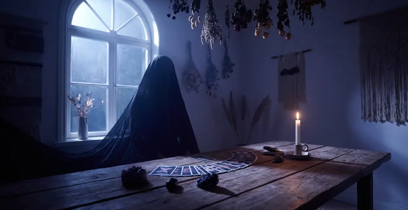 Consulta esotérica nocturna con energía mística y cartas de tarot iluminadas