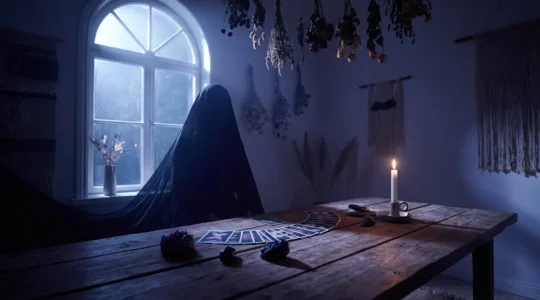 Consulta esotérica nocturna con energía mística y cartas de tarot iluminadas