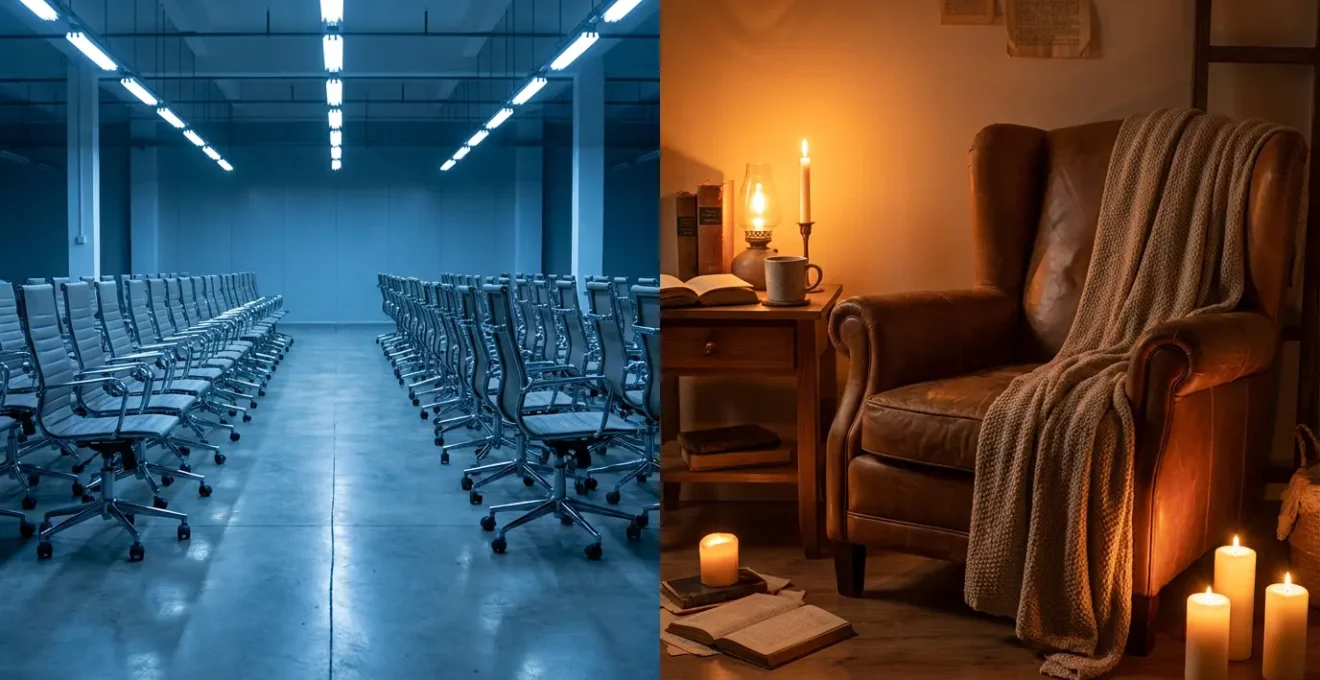 Contraste visual entre call center impersonal y consulta íntima personal