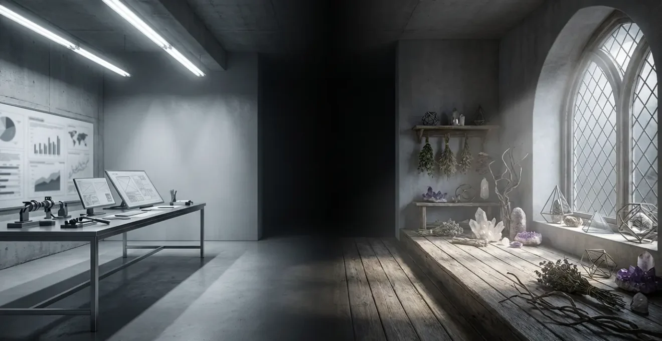 Composición dividida mostrando lado izquierdo analítico con gráficos borrosos y lado derecho intuitivo con símbolos místicos abstractos