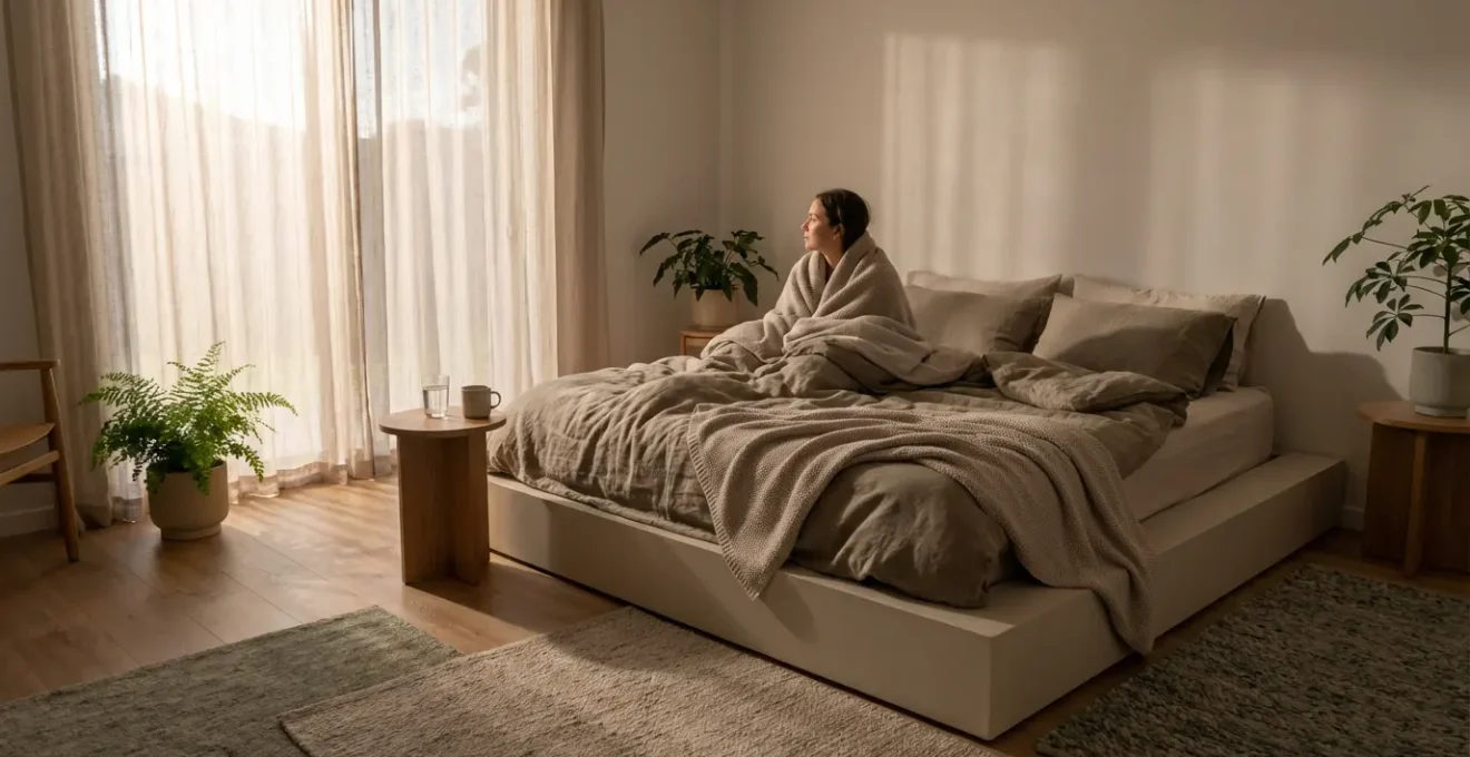 Persona despertando en calma con elementos de protección simbólica