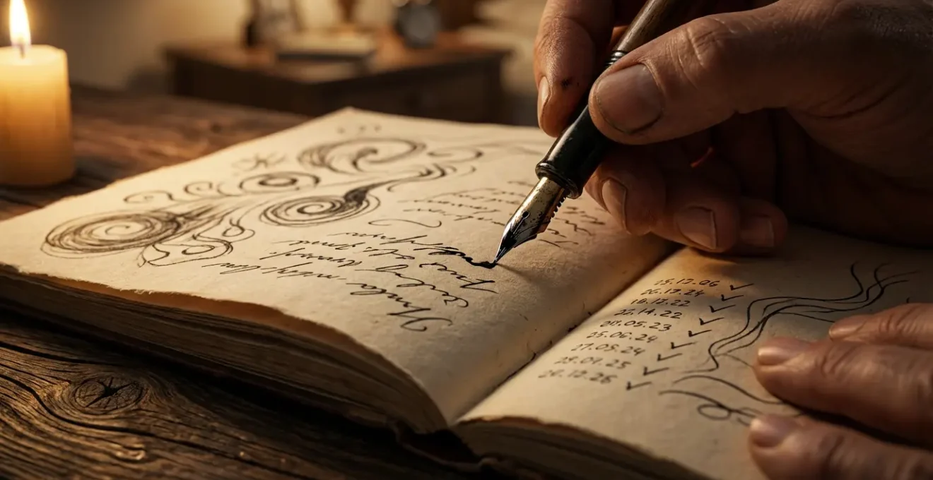Manos escribiendo en un diario de sueños con columnas paralelas bajo luz de vela