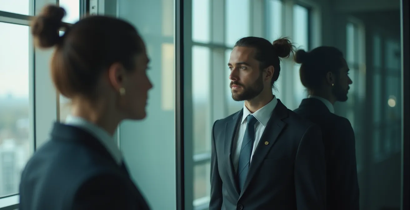 Ejecutivo reflejado en superficie de cristal mostrando dos versiones sutilmente diferentes