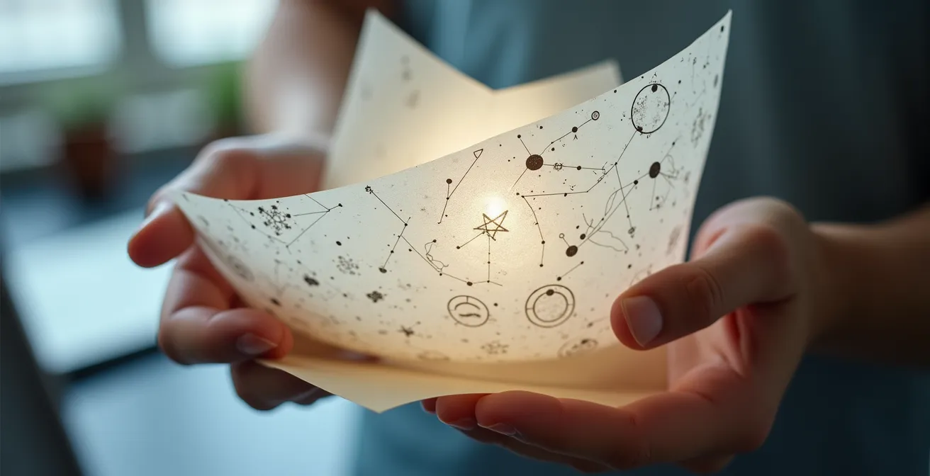 Manos sosteniendo múltiples páginas de horóscopo con patrones de constelaciones abstractos