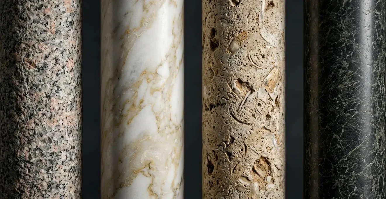 Vista macro de cuatro pilares de piedra sólida representando estructura empresarial