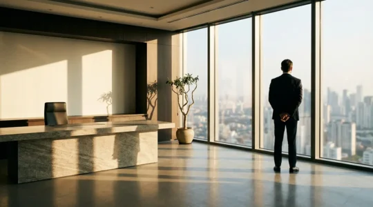 Líder ejecutivo en posición de autoridad en oficina moderna con arquitectura imponente