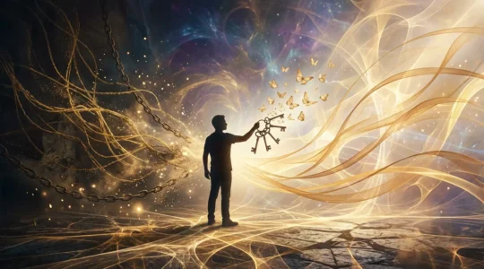 Representación simbólica de bloqueos energéticos financieros y liberación ancestral