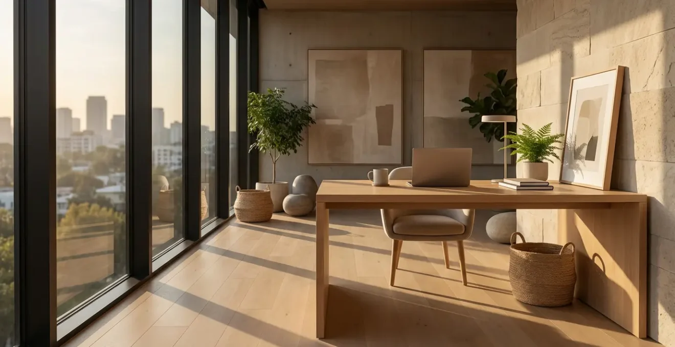 Vista amplia de una oficina moderna con elementos naturales simbolizando equilibrio vida-trabajo