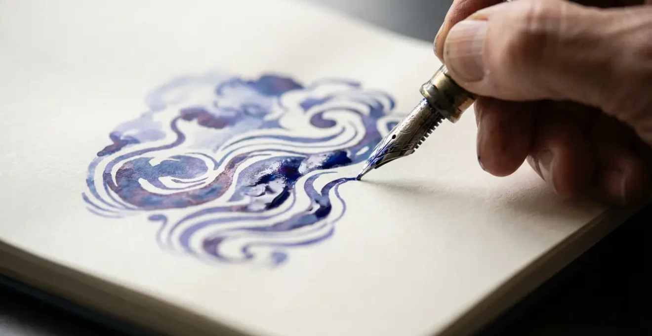 Mano escribiendo en cuaderno con tinta fluyendo en patrones abstractos