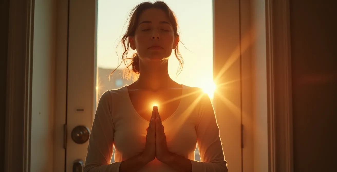 Persona visualizando una burbuja protectora de luz antes de salir al trabajo