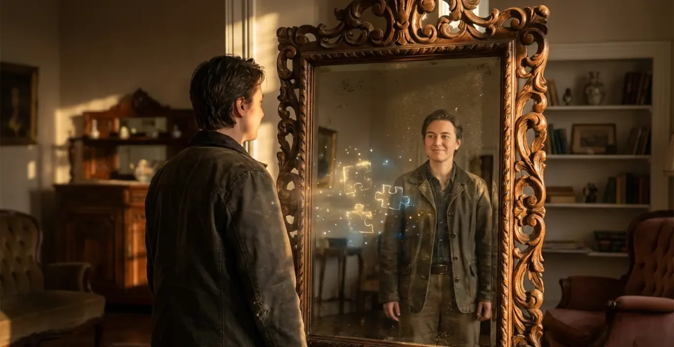 Persona mirando su reflejo en un espejo antiguo con patrones energéticos sutiles