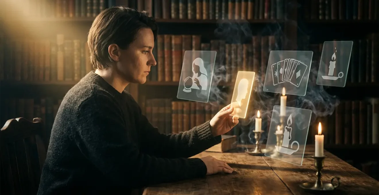 Persona analizando perfiles de expertos espirituales con cartas de tarot y elementos místicos en segundo plano