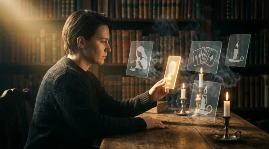 Persona analizando perfiles de expertos espirituales con cartas de tarot y elementos místicos en segundo plano