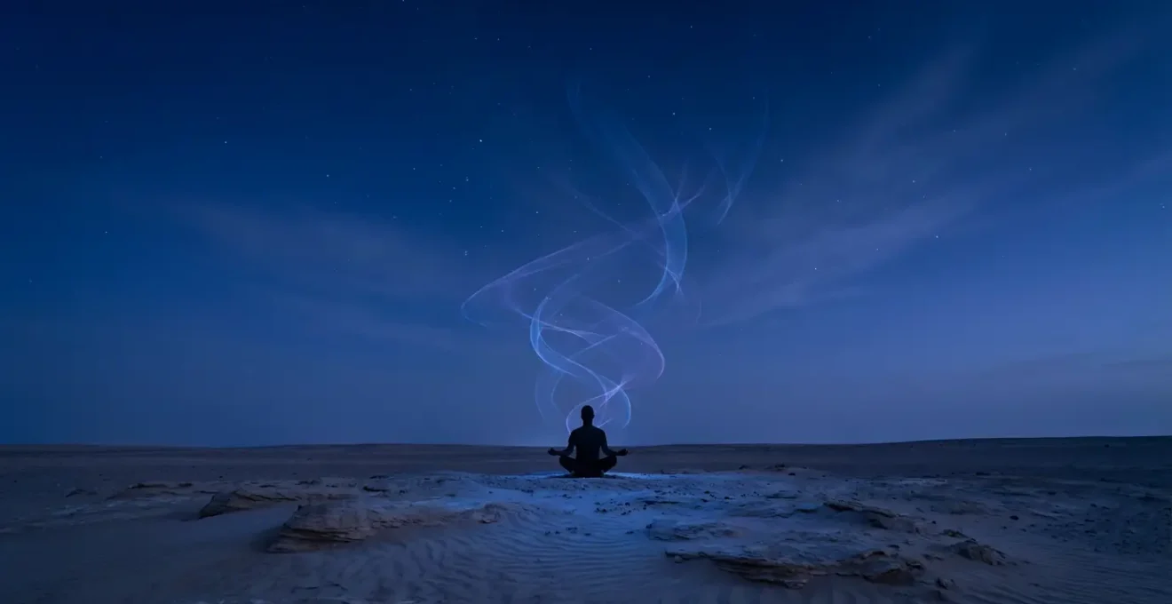 Persona meditando bajo cielo estrellado con energía luminosa ascendente