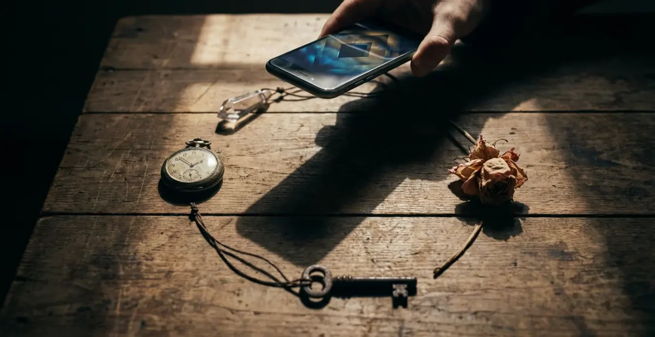 Mesa de madera con objetos personales como un reloj y un cristal, con un smartphone capturando una foto desde arriba para una consulta de videncia.