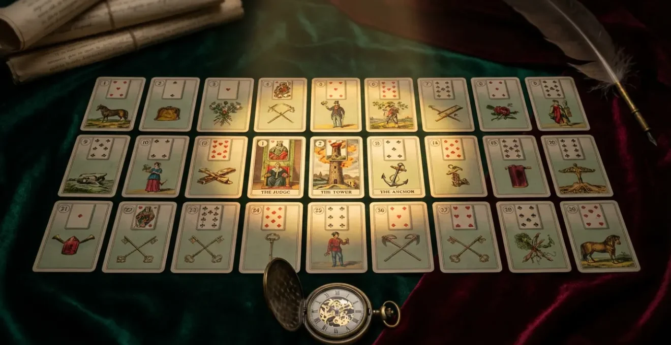 Gran Tablero Lenormand desplegado mostrando línea temporal de proceso legal