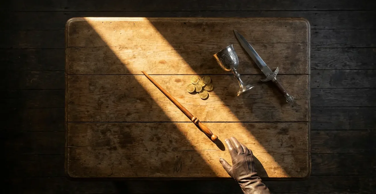 Una mesa de madera con las cuatro herramientas del Mago iluminadas, esperando ser usadas mientras una mano se acerca para tomar la iniciativa.