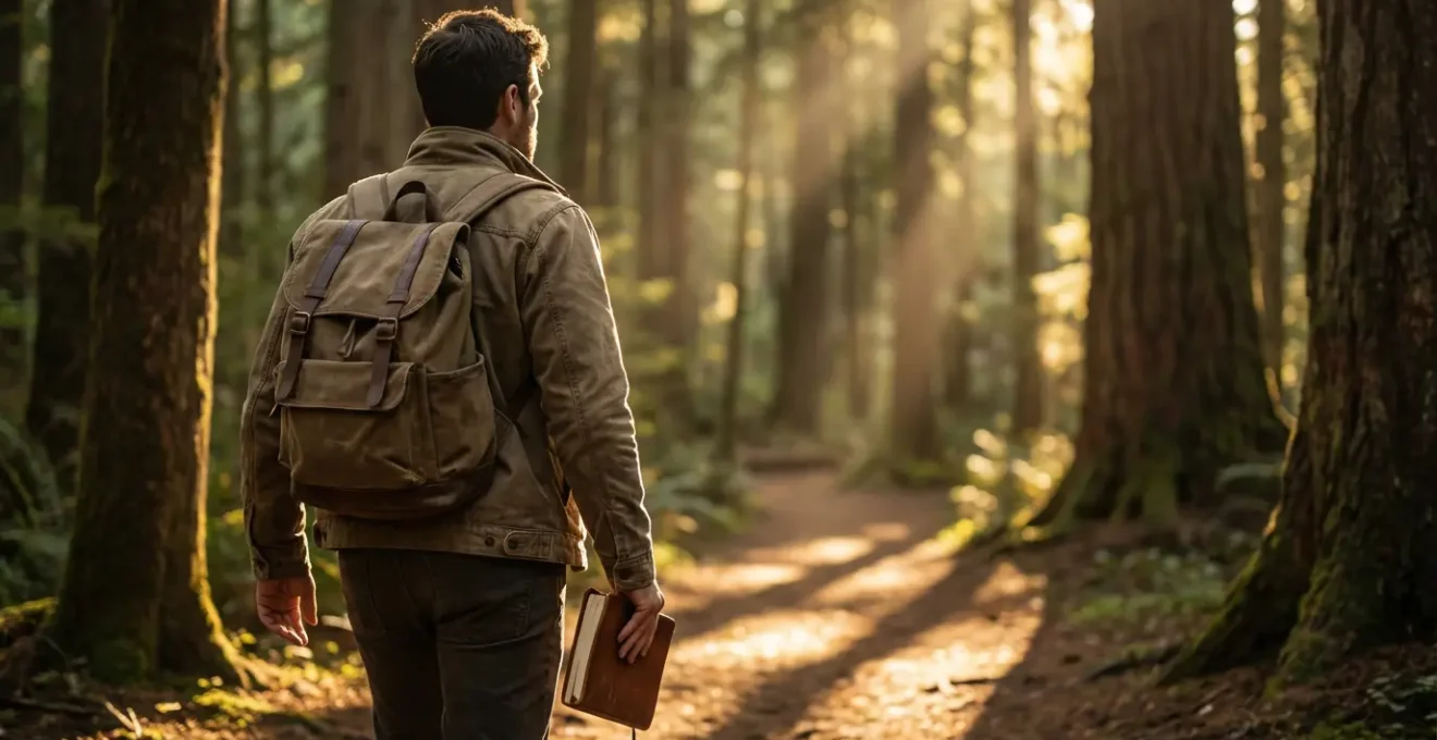 Persona caminando por sendero iluminado entre naturaleza al amanecer