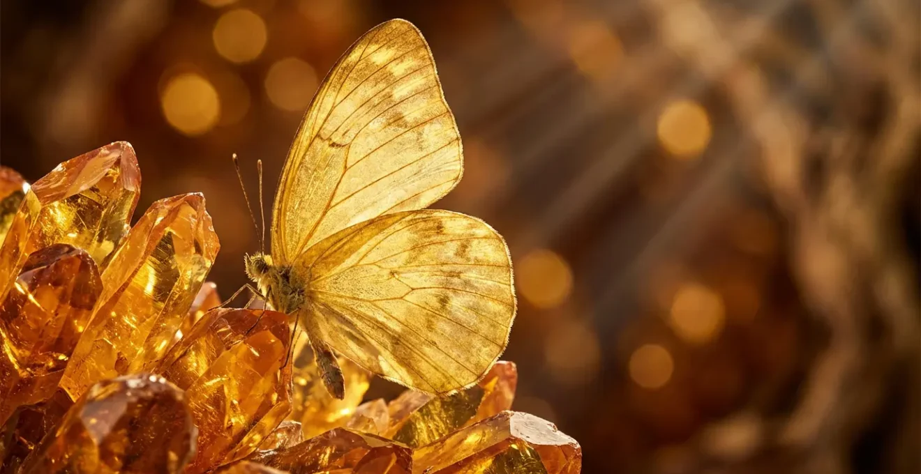 Mariposa emergiendo de cristales rotos simbolizando liberación del karma 14