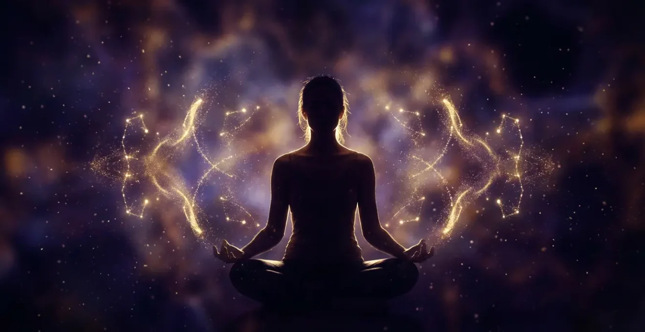 Persona meditando con números luminosos flotando alrededor representando lecciones kármicas