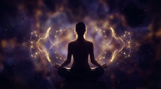 Persona meditando con números luminosos flotando alrededor representando lecciones kármicas