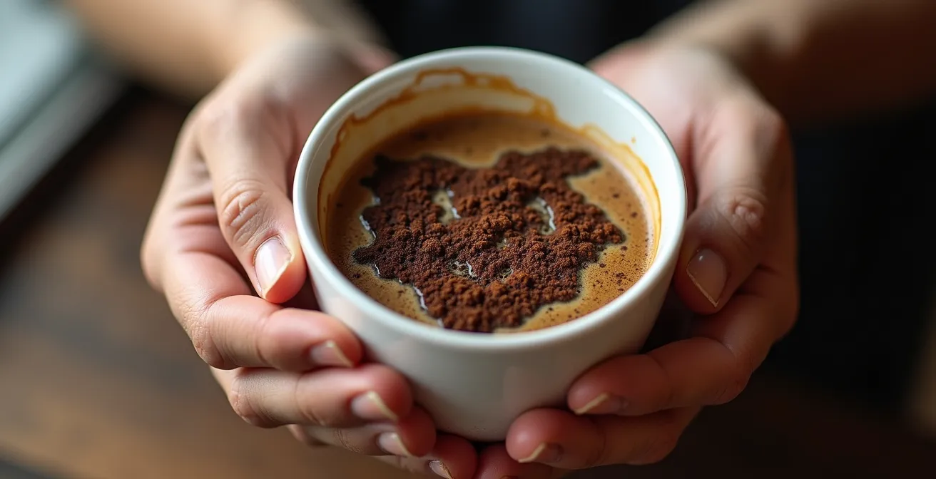 Manos sosteniendo taza de café turco blanca con patrones de posos visibles en el interior