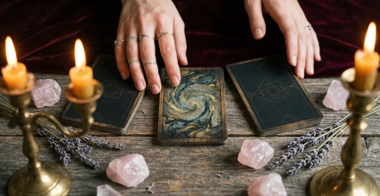 Lectura de tarot mostrando cartas sobre mesa de madera con velas y cristales