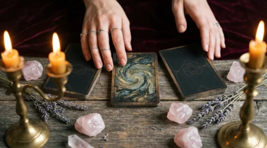 Lectura de tarot mostrando cartas sobre mesa de madera con velas y cristales